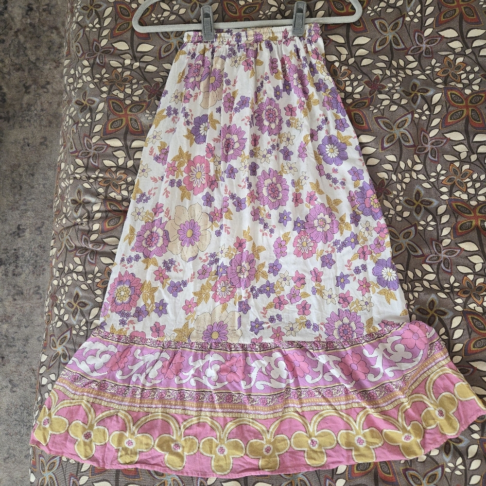 Rose & Thyme Pink & Purple Floral Maxi Skirt Waist Tie Size Small Festival